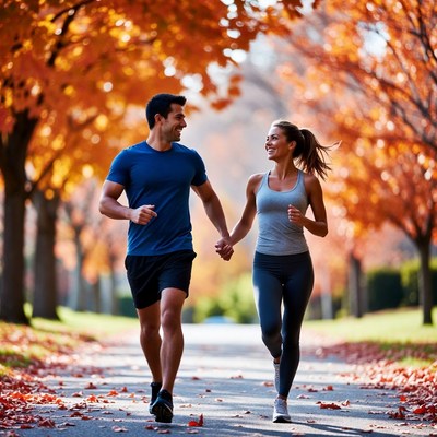 Couple jogging hand in hand autumn park
