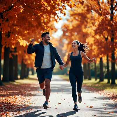 Happy couple jogging autumn forest path