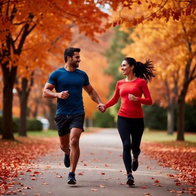 Couple jogging hand-in-hand autumn path