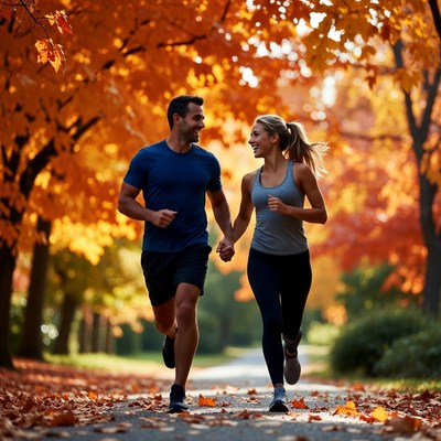 Couple jogging through autumn trees