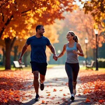 Couple jogging hand-in-hand autumn park