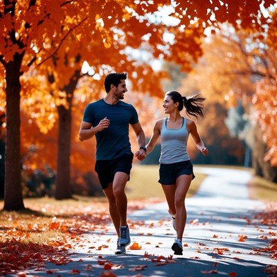 Couple running in autumn forest