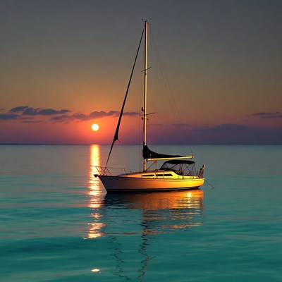 Sailboat on calm sea at sunset