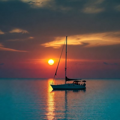 Sailboat on calm sea at sunset