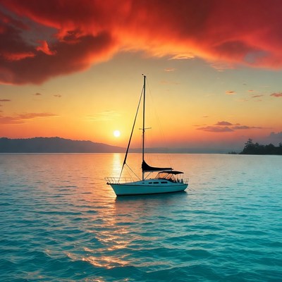 Sailboat on calm water at sunset