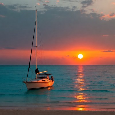 Sailboat anchored at sunset beach