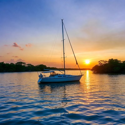 White Sailboat Anchored at Sunset