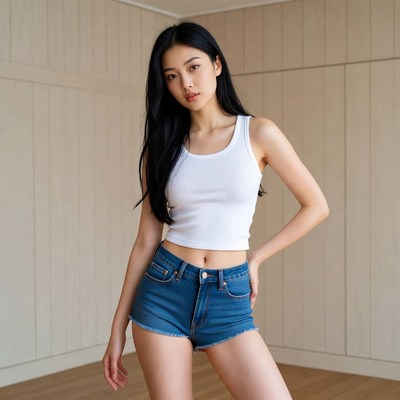 Asian woman in white tank top and denim shorts