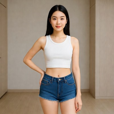 Asian woman in white tank top and denim shorts
