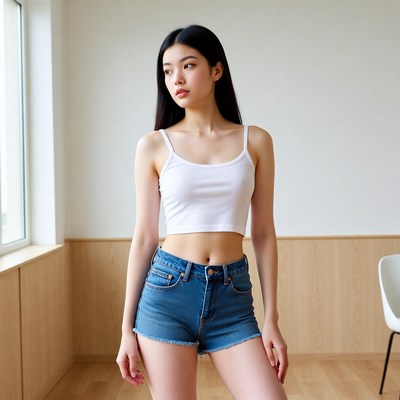 Asian woman in white tank top and denim shorts