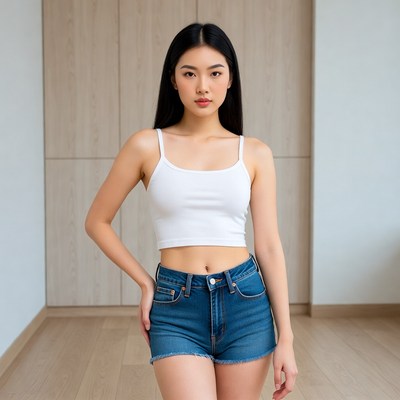 Asian woman in white crop top and denim shorts