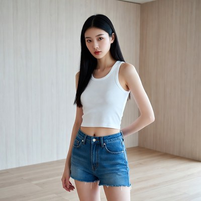 Asian woman in white tank top and denim shorts