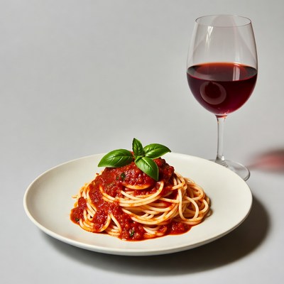 Spaghetti with marinara sauce and red wine