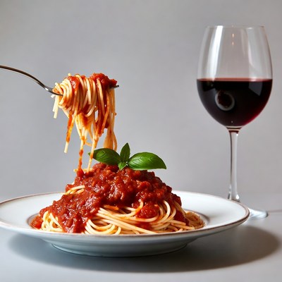 Spaghetti with marinara and red wine