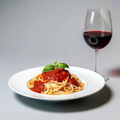 Spaghetti with marinara sauce and red wine