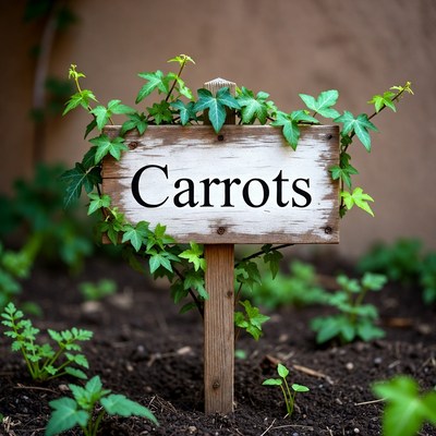 Carrots Sign with Ivy in Garden