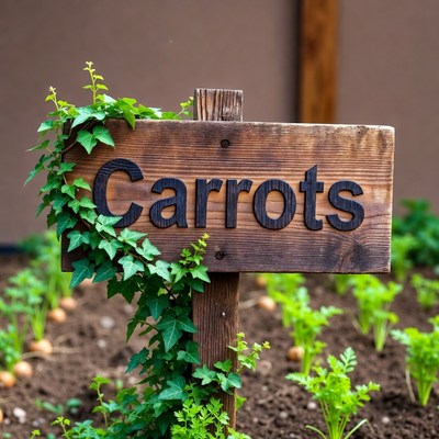 Wooden Carrots Sign in Garden