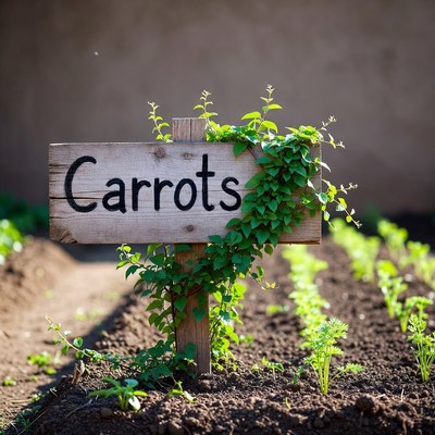 Wooden Carrots Sign in Vegetable Garden