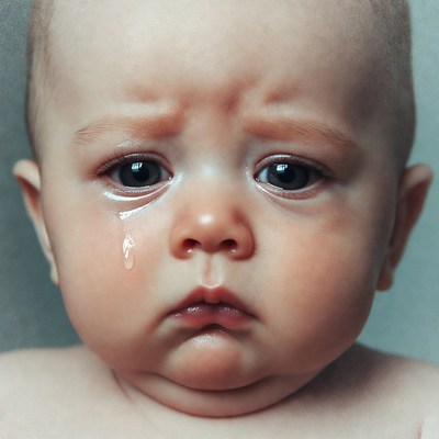 Baby crying with tear on cheek