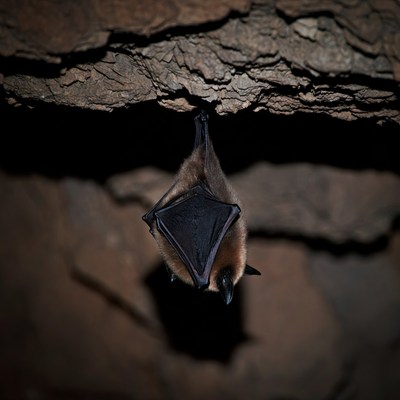 Bat hanging upside down in cave