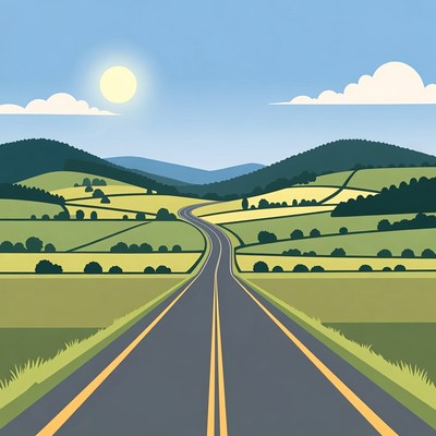 Winding road through green fields