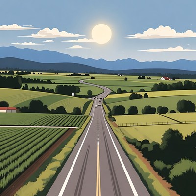 Winding Road Through Green Fields at Sunrise