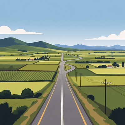 Winding Road Through Green Fields