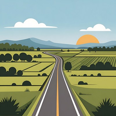 Curvy road through green fields at sunset