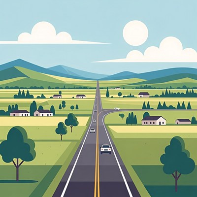 Flat Illustration of Country Road Landscape