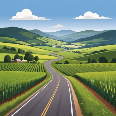 Winding Road Through Green Fields