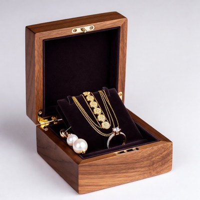 Open wooden jewelry box with necklace and earrings