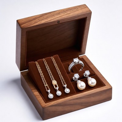 Open wooden jewelry box with necklaces