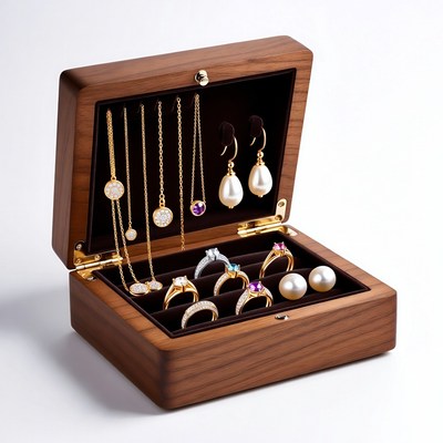 Open Wooden Jewelry Box with Necklaces
