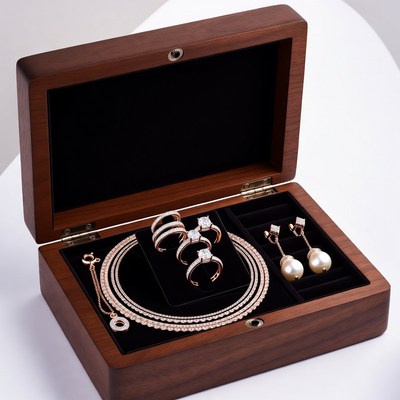 Open wooden jewelry box with diamonds