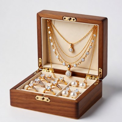 Open Wooden Jewelry Box with Gold Necklaces