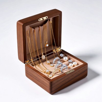 Open Wooden Jewelry Box with Necklaces
