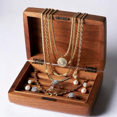 Gold Necklaces and Jewelry in Wooden Box