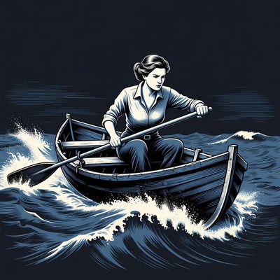 Woman rowing boat in stormy sea