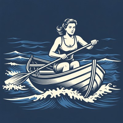 Woman rowing boat in waves