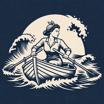 Woman rowing boat in stormy waves