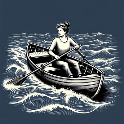 Woman rowing boat in waves