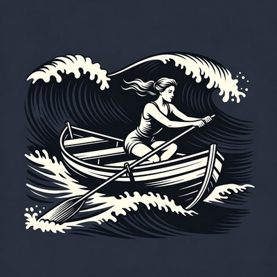 Woman rowing boat in stormy waves