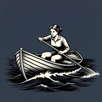 Woman rowing boat in waves