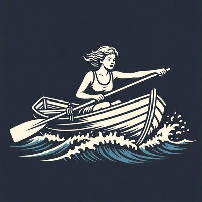 Woman rowing boat in waves