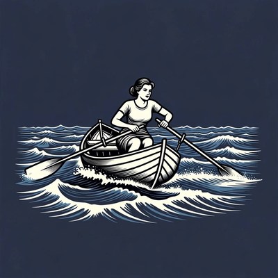 Woman rowing boat in waves
