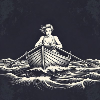 Woman rowing boat in stormy sea