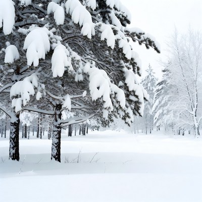 Snow-covered pine trees in winter forest