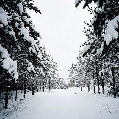 Snowy Path Through Pine Forest