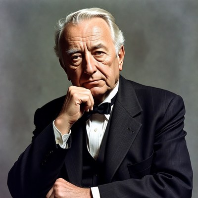Elderly man in tuxedo with hand on chin