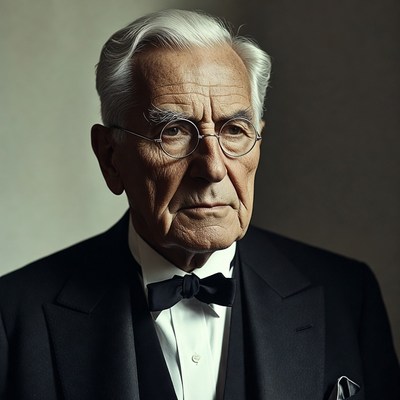 Elderly man in tuxedo and glasses